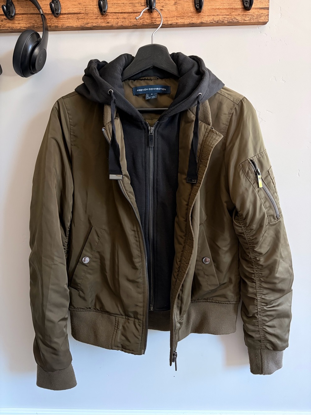 French Connection quilted Olive army Bomber Jacket with layered Black zip Hoody
